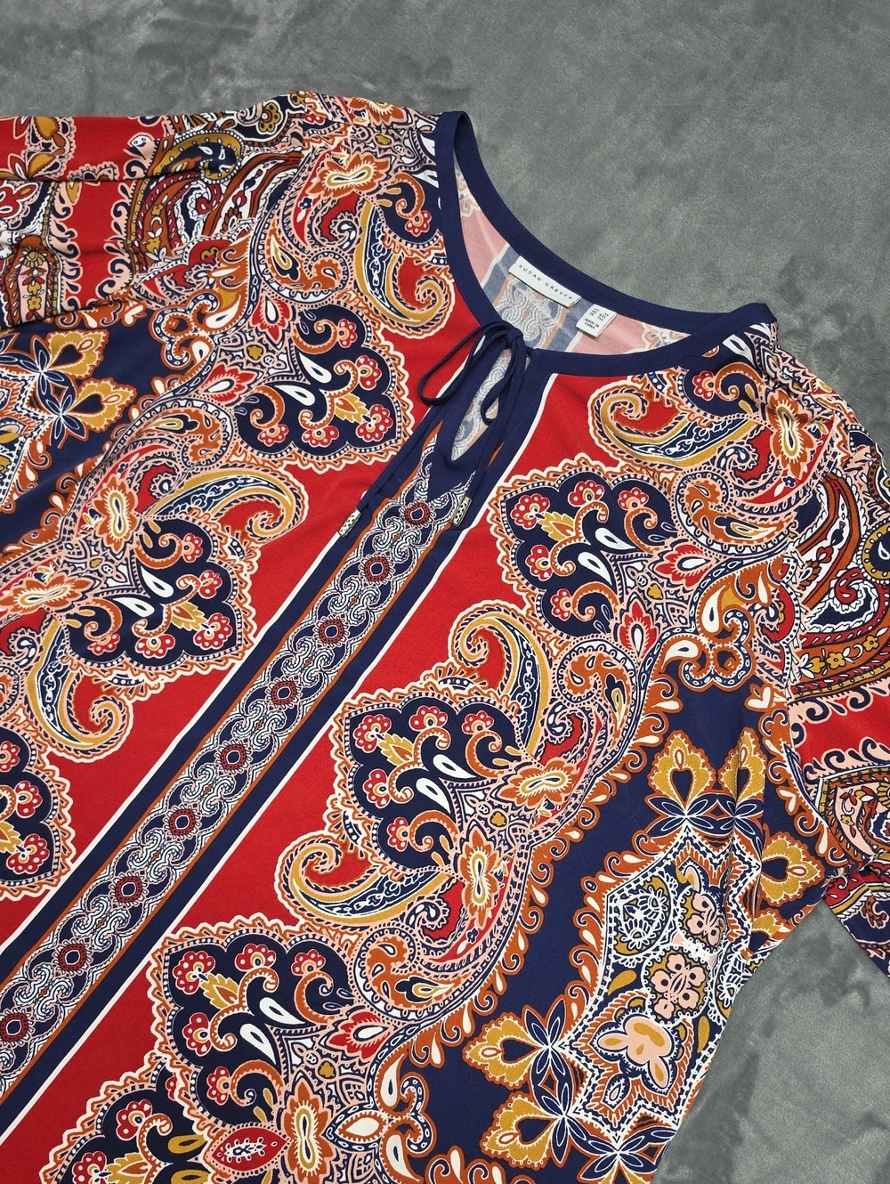 Susan Graver Red, Navy & Gold Paisley Tie-Neck Tunic 3X